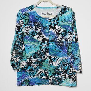 Onque Casuals Butterfly Abstract Snap Front Top Whimsical Art To Wear Blue XL